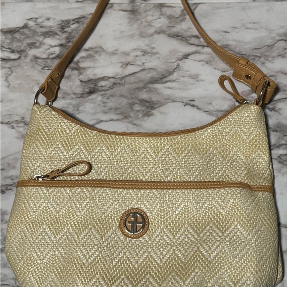 Cream and Tan Crescent Shoulder Bag with Textured Pattern - Picture 9 of 9